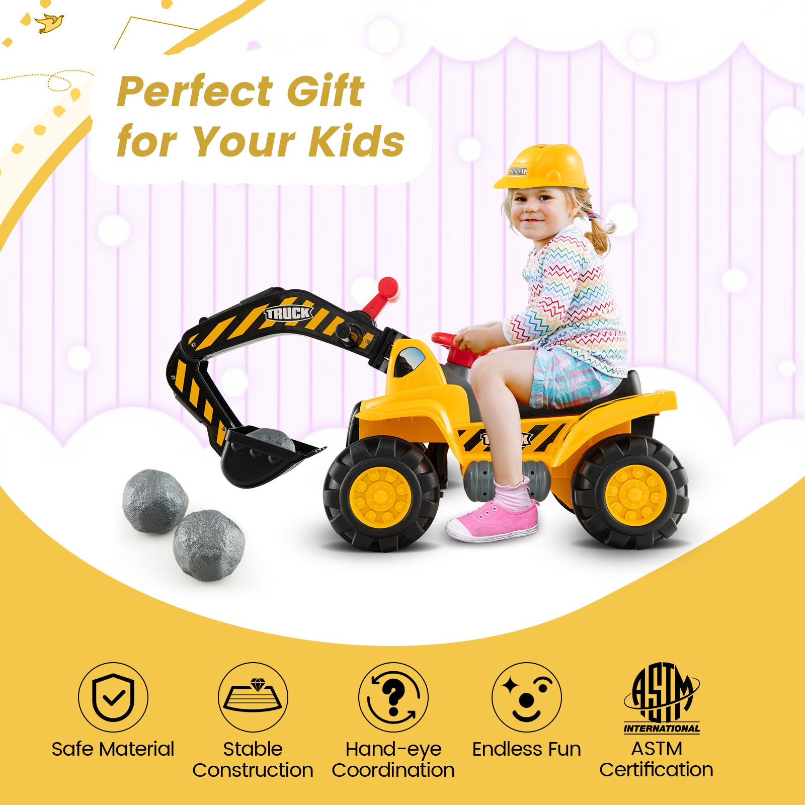 Ride on Push Car Bulldozer Digger Toy with Safety Helmet and Working Shovel, Yellow Push & Pedal Ride On Toys at Gallery Canada
