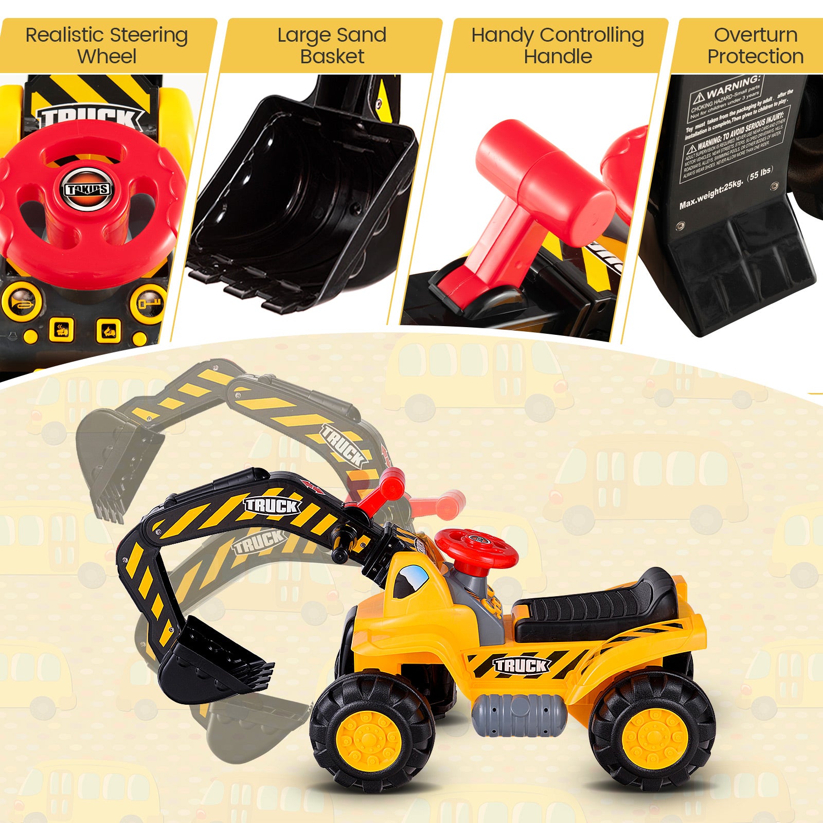 Ride on Push Car Bulldozer Digger Toy with Safety Helmet and Working Shovel, Yellow Push & Pedal Ride On Toys at Gallery Canada