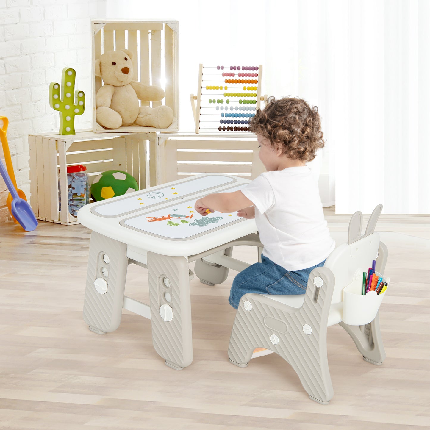 Kids Table and Chair Set with Flip-Top Bookshelf, Gray Kids Table & Chair Sets at Gallery Canada