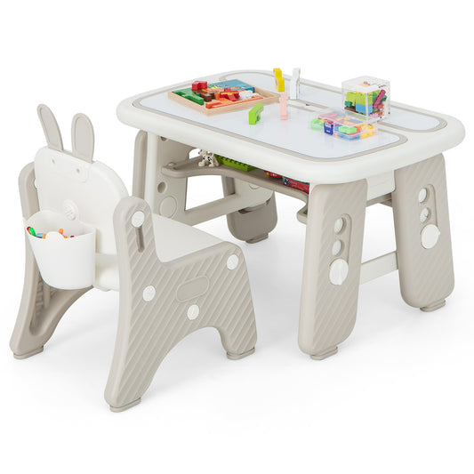 Kids Table and Chair Set with Flip-Top Bookshelf, Gray