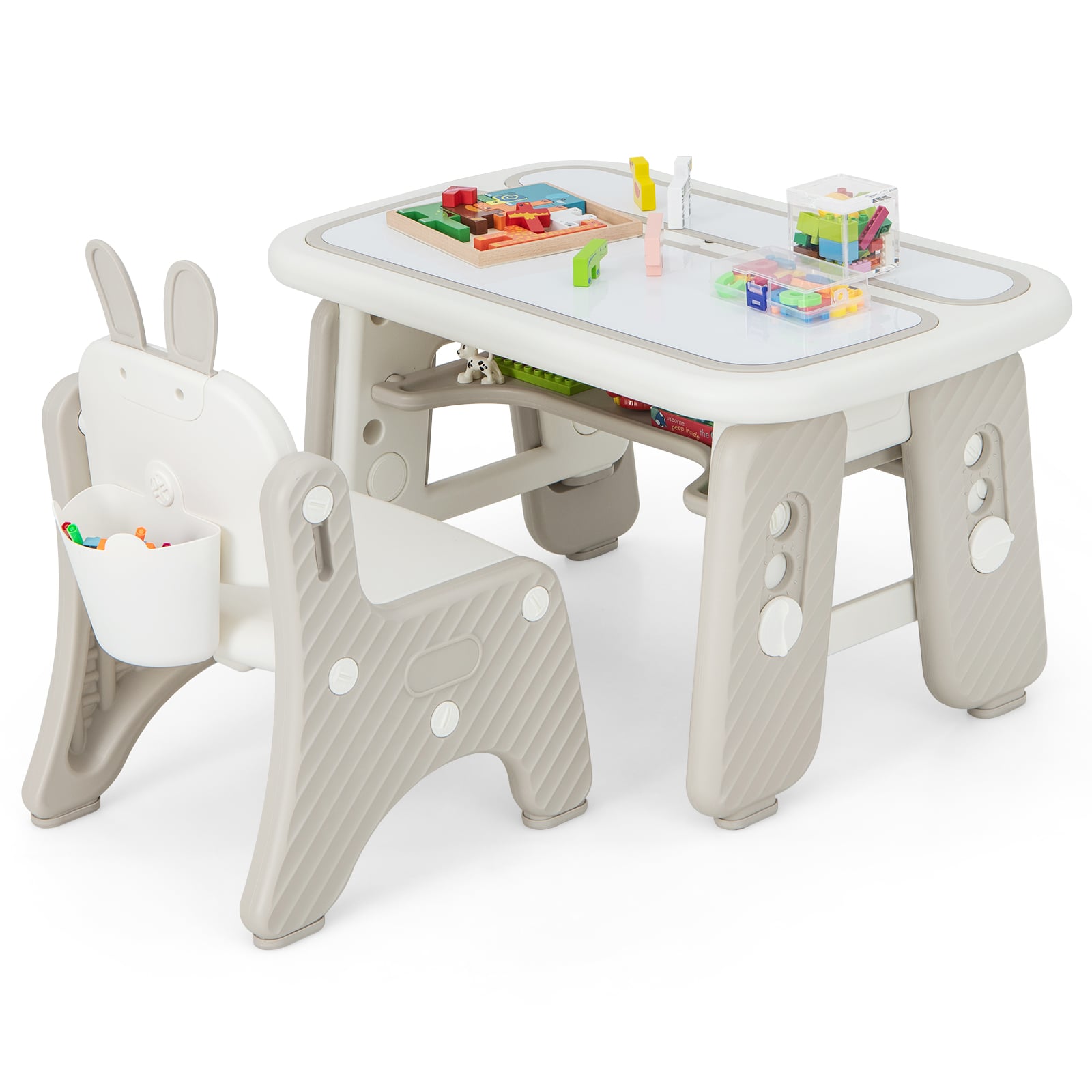 Kids Table And Chair Set With Flip-Top Bookshelf, Gray Kids Table & Chair Sets Gray at Gallery Canada