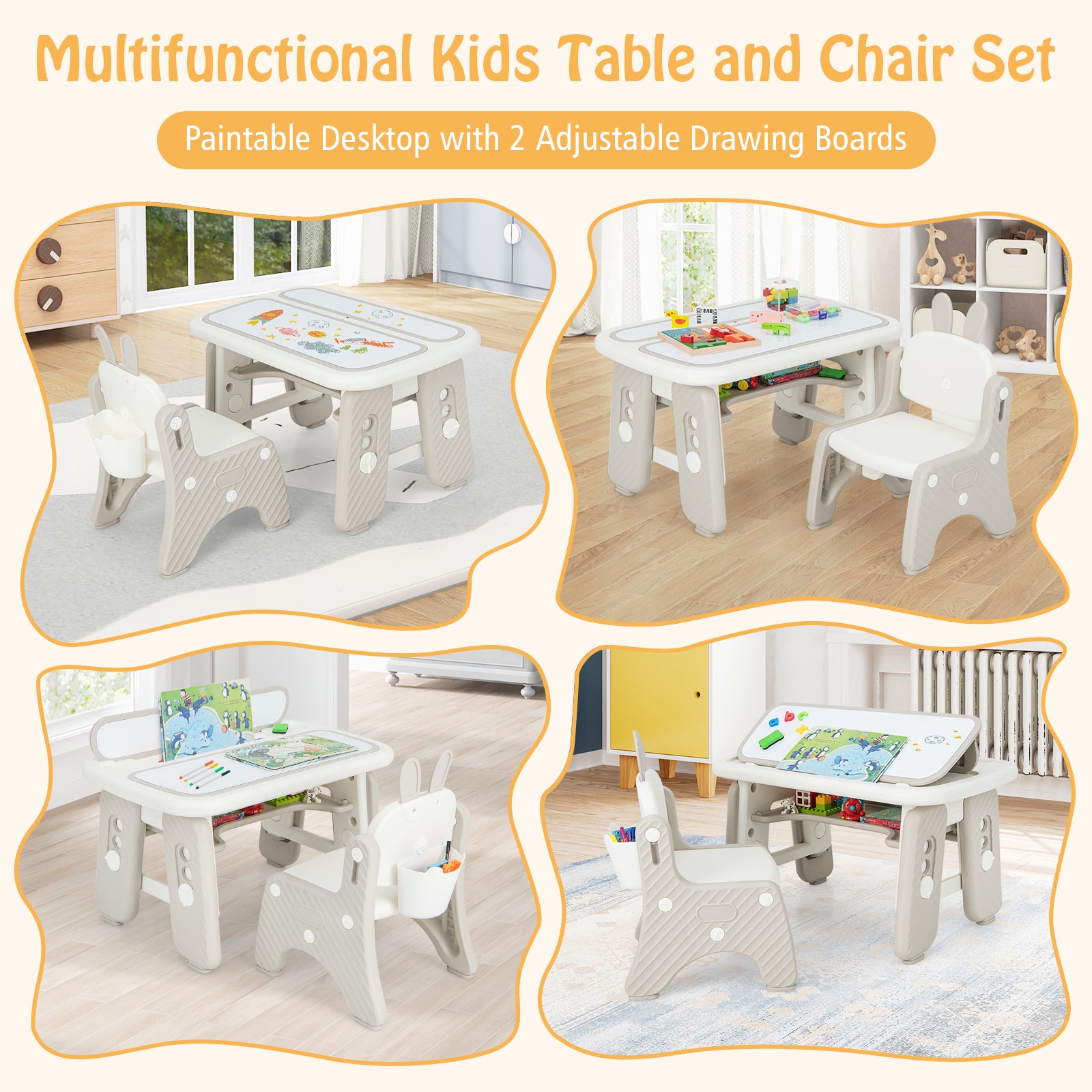Kids Table and Chair Set with Flip-Top Bookshelf, Gray Kids Table & Chair Sets at Gallery Canada