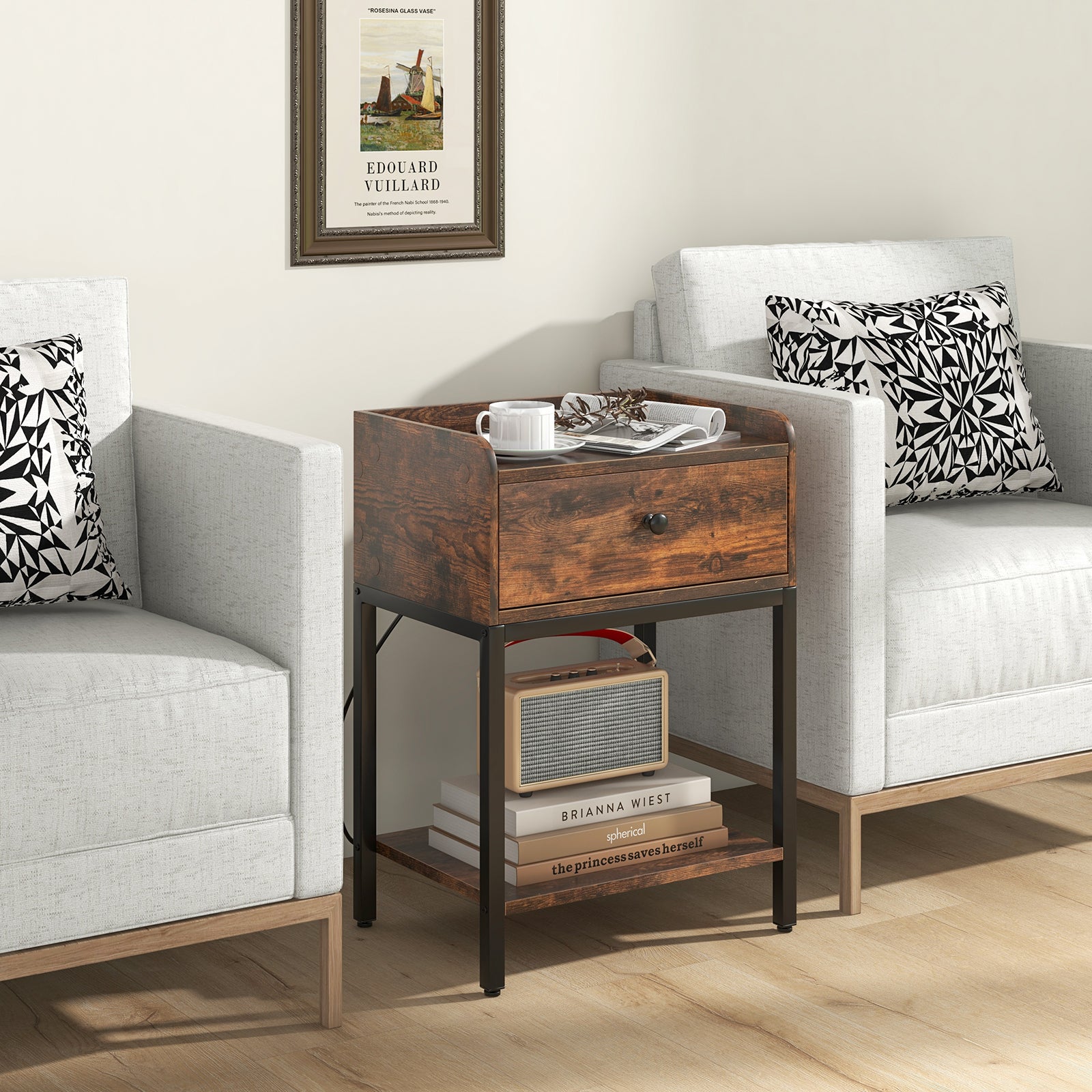 Industrial Bedside Table Nightstand With Charging Station, Brown Nightstands at Gallery Canada