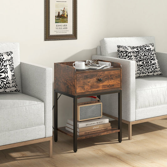 Industrial Bedside Table Nightstand with Charging Station, Rustic Brown - Gallery Canada