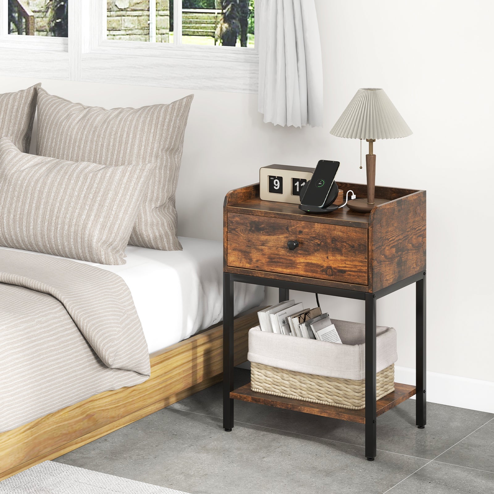 Industrial Bedside Table Nightstand With Charging Station, Brown Nightstands at Gallery Canada
