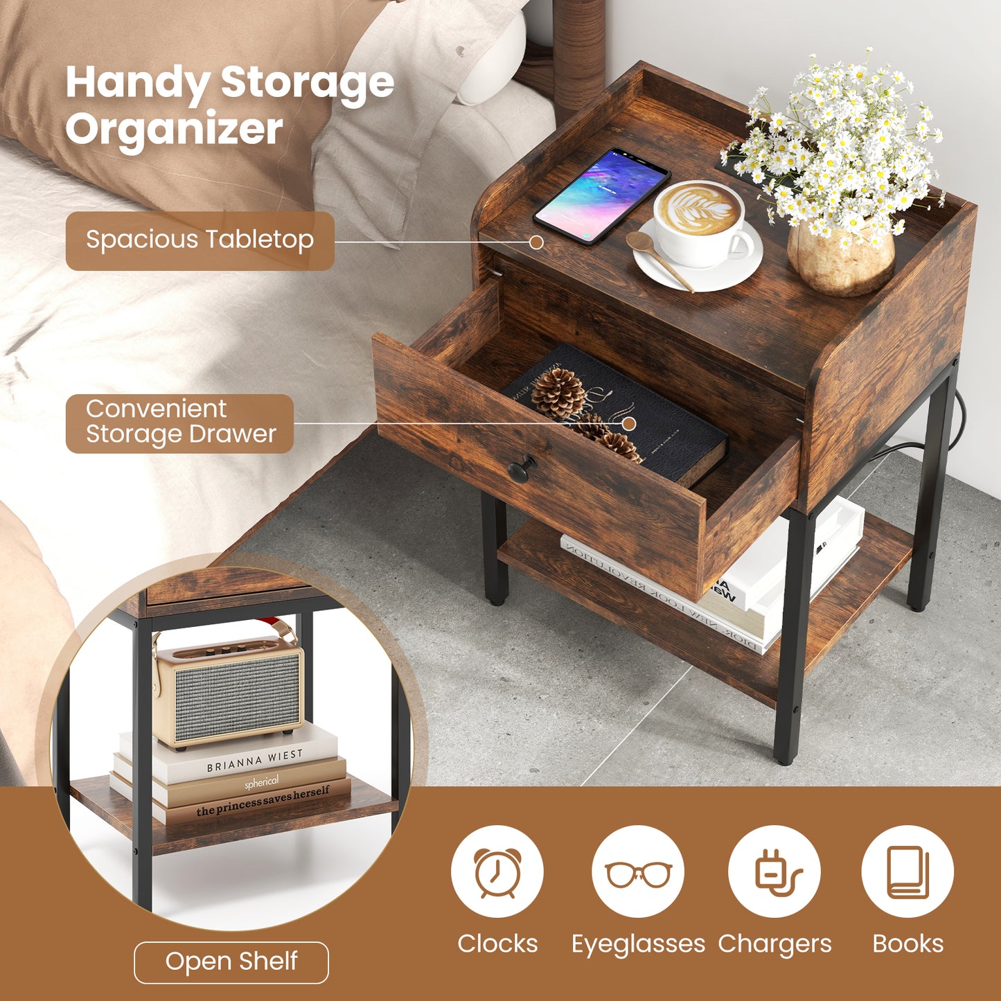 Industrial Bedside Table Nightstand With Charging Station, Brown Nightstands at Gallery Canada