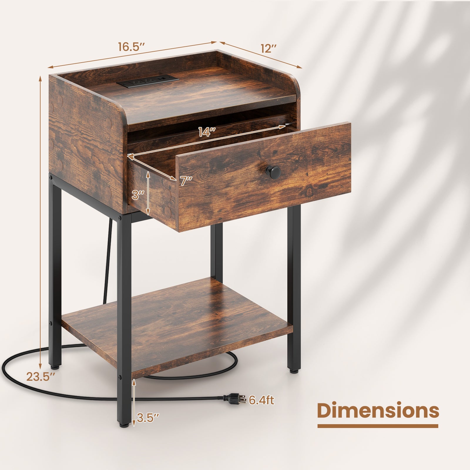 Industrial Bedside Table Nightstand With Charging Station, Brown Nightstands at Gallery Canada