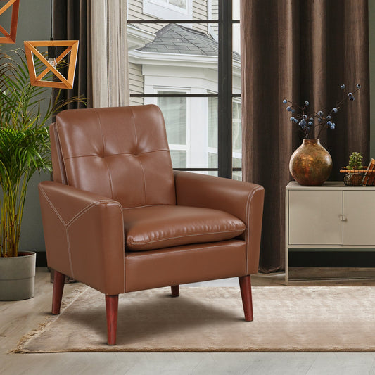 Modern PU Leather Accent Chair with Solid Wood Legs, Brown - Gallery Canada
