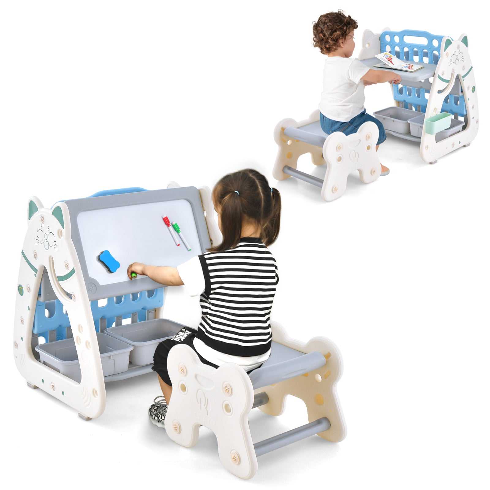 3-In-1 Double Sided Magnetic Dry-Erase Board with Stool and Flipped Writing Desktop, Navy Art Easels at Gallery Canada