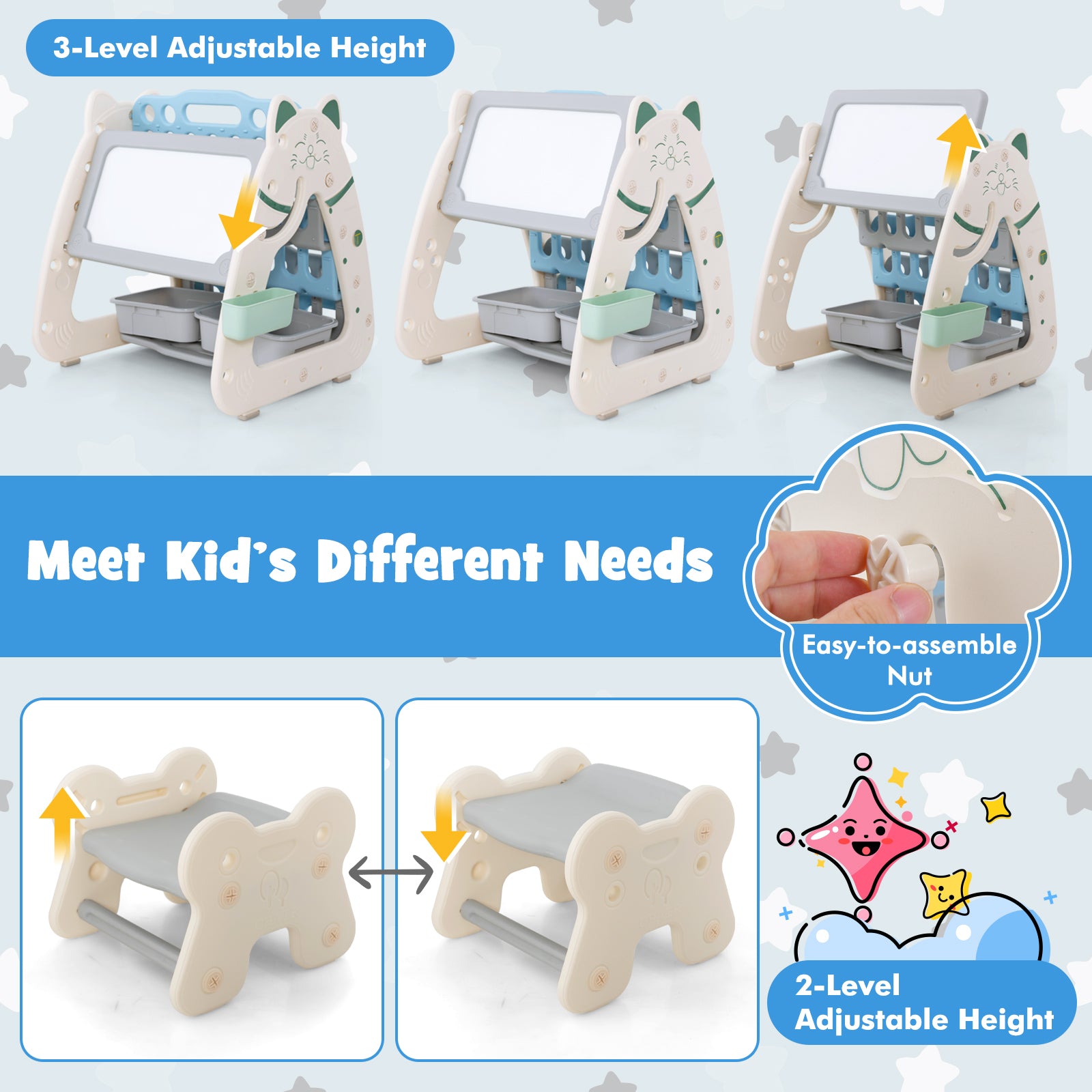 3-In-1 Double Sided Magnetic Dry-Erase Board with Stool and Flipped Writing Desktop, Navy Art Easels at Gallery Canada