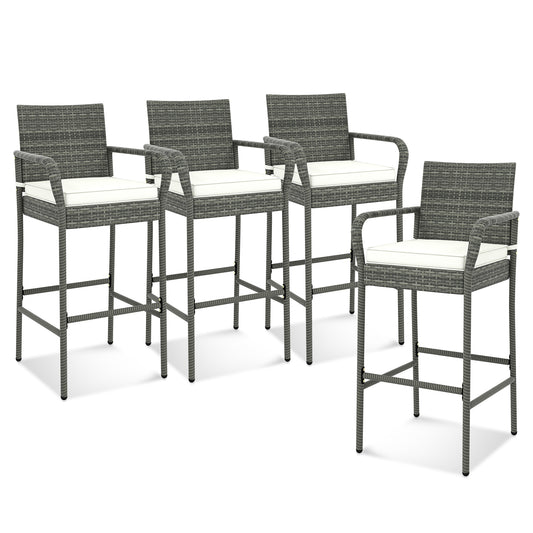 PE Rattan Bar Chairs Set Of 4, With Armrests And Cushions, Gray