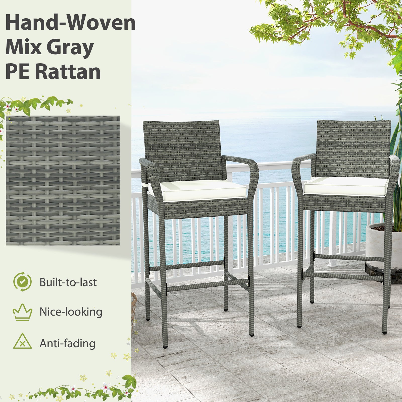 All Weather PE Rattan Bar Chairs Set of 4 with Armrests and Seat Cushions for Porch Backyard, Gray Patio Bar Furniture at Gallery Canada