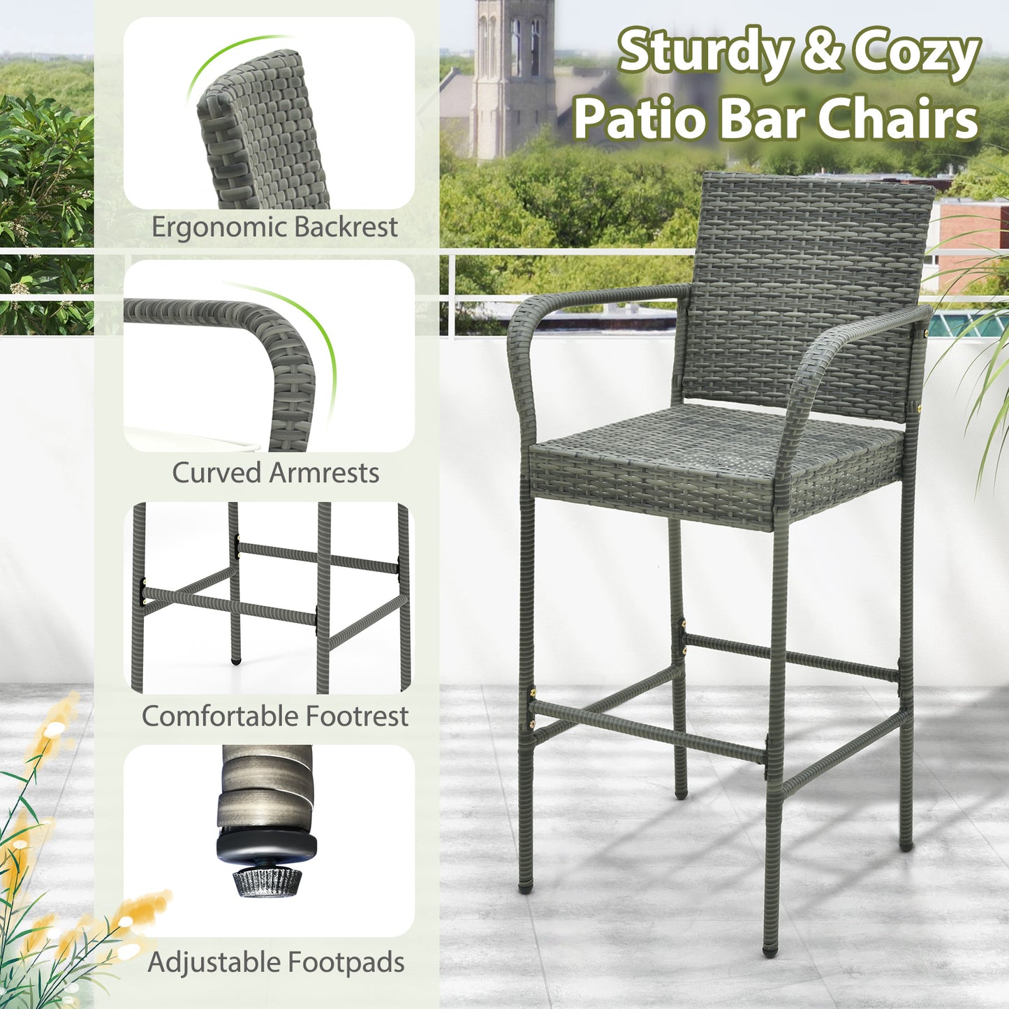 All Weather PE Rattan Bar Chairs Set of 4 with Armrests and Seat Cushions for Porch Backyard, Gray Patio Bar Furniture at Gallery Canada