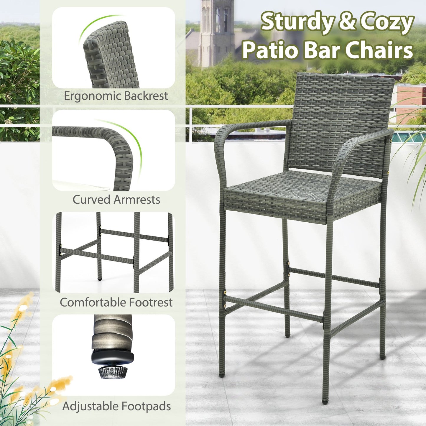 All Weather PE Rattan Bar Chairs Set of 4 with Armrests and Seat Cushions for Porch Backyard, Gray at Gallery Canada
