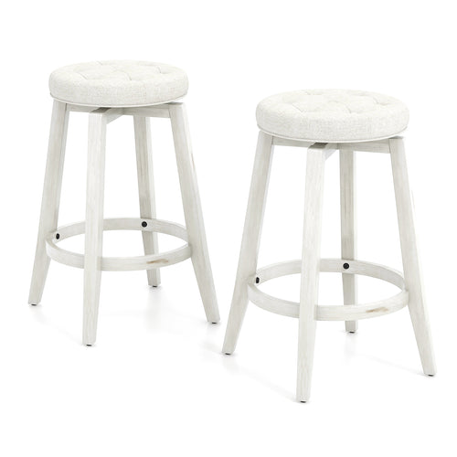 Swivel Upholstered Rubberwood Frame Bar Stool Set of 2 with Footrest-24 inches, White