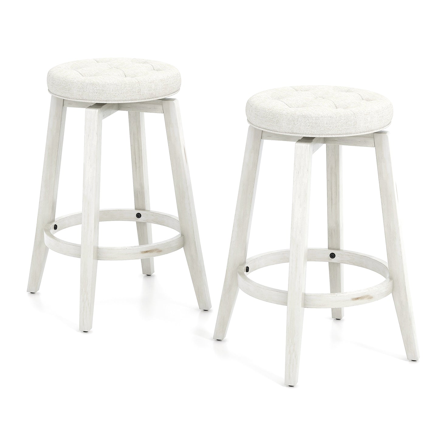 Swivel Upholstered Rubberwood Frame Bar Stool Set of 2 with Footrest-24 inches, White Bar Stools at Gallery Canada