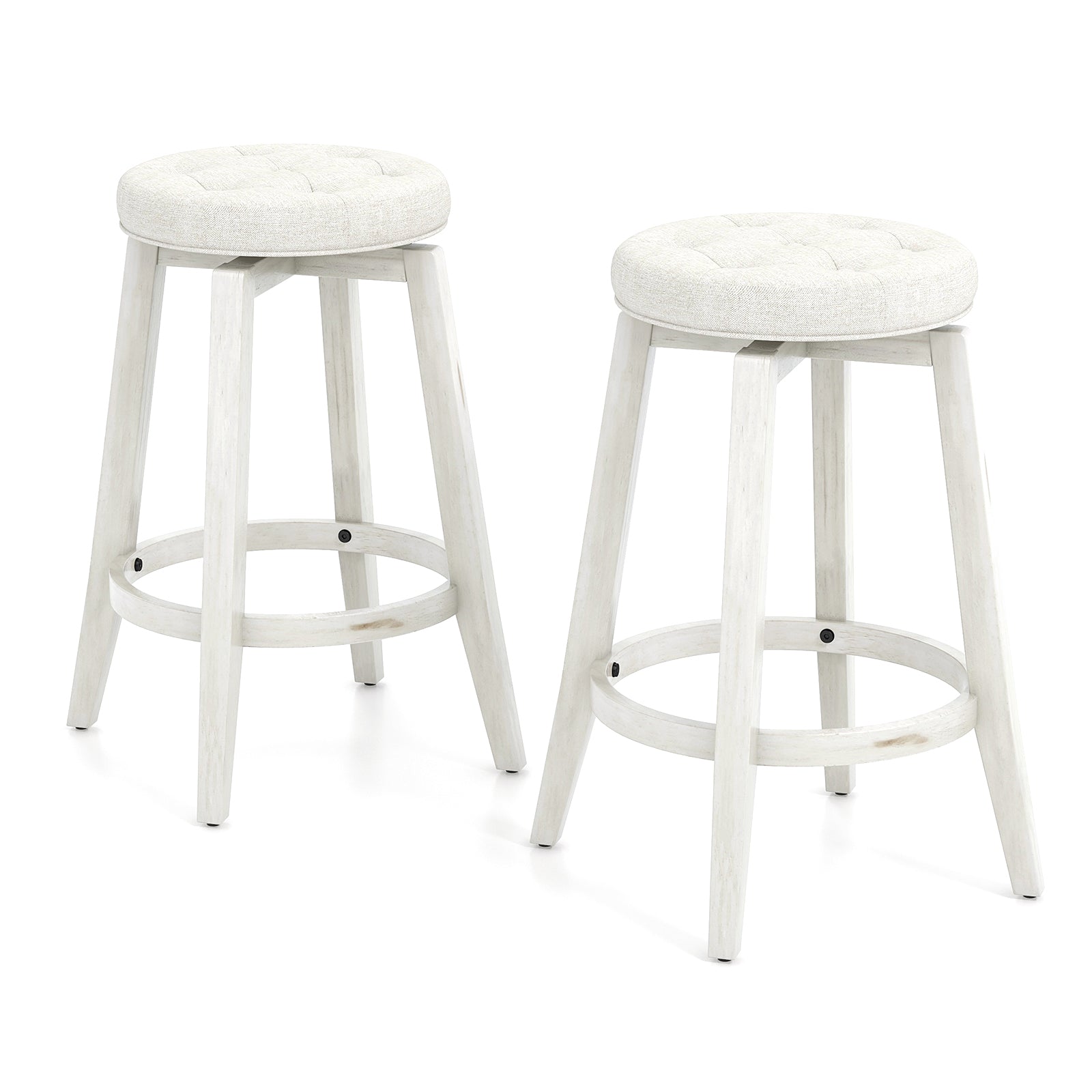 Swivel Upholstered Rubberwood Frame Bar Stool Set of 2 with Footrest-24 inches, White Bar Stools at Gallery Canada