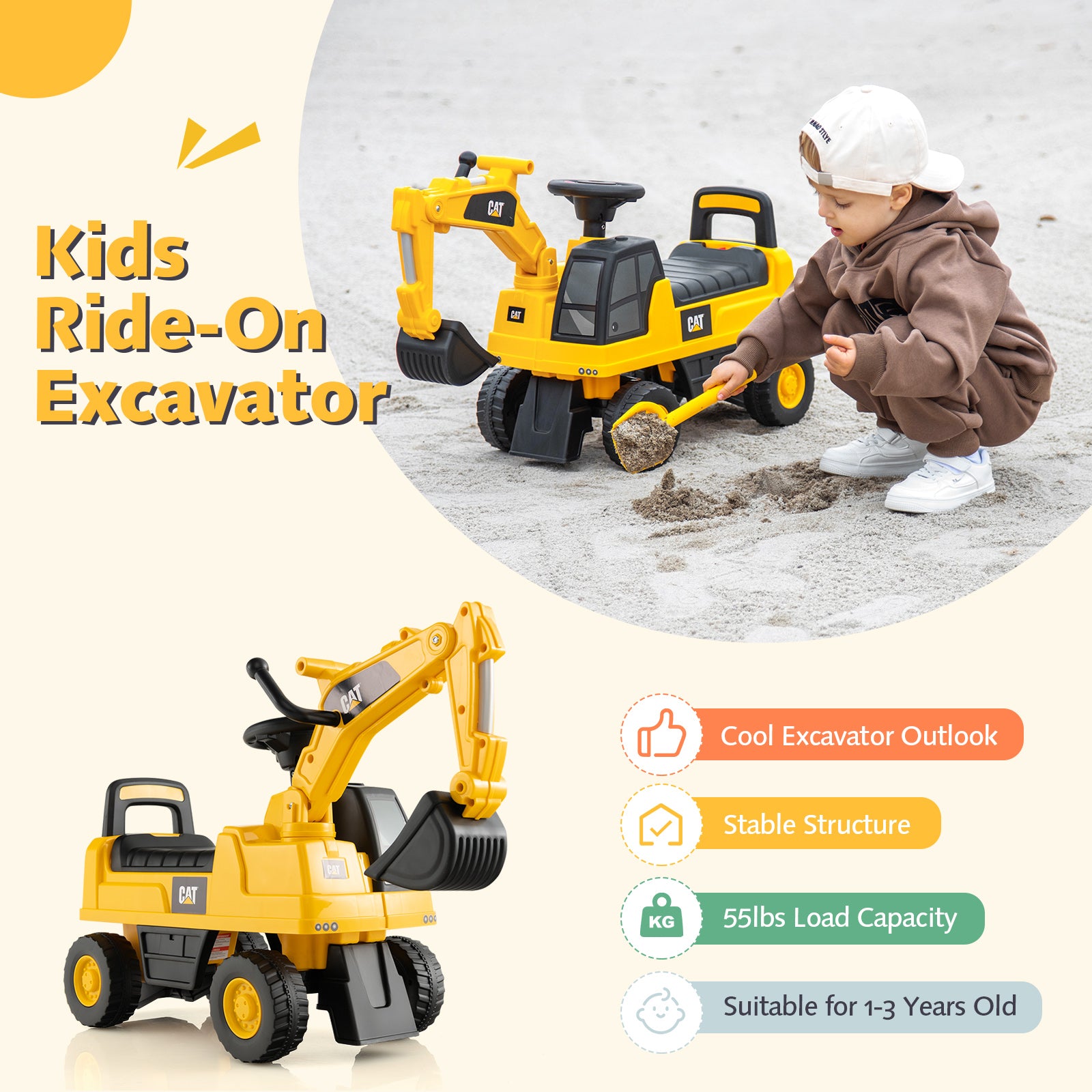 Licensed Caterpillar Kids Ride-On Digger, Yellow Push & Pedal Ride On Toys at Gallery Canada