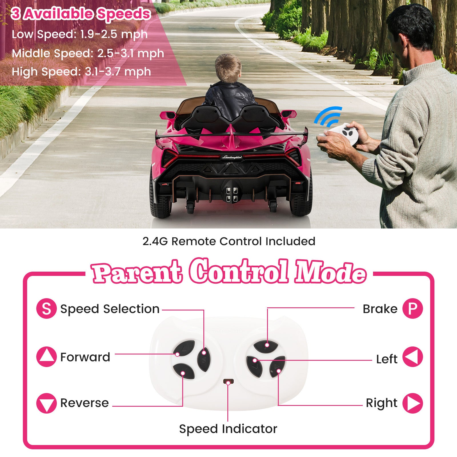 12V Licensed Lamborghini 4WD Kids Ride-on Sports Car with 2.4G Remote, Pink Powered Ride On Toys at Gallery Canada