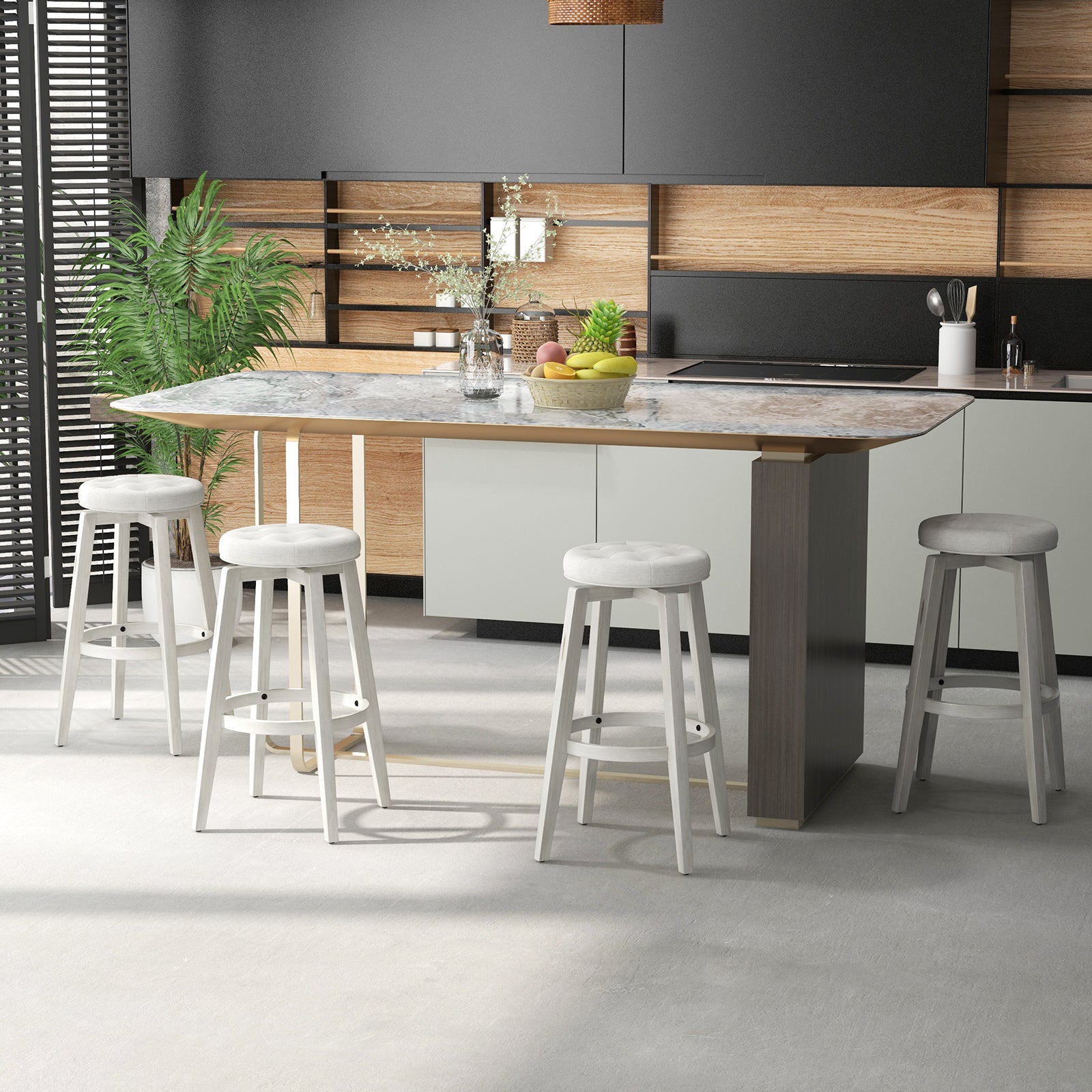 Swivel Upholstered Rubberwood Frame Bar Stool Set of 2 with Footrest-29 inches, White Bar Stools at Gallery Canada