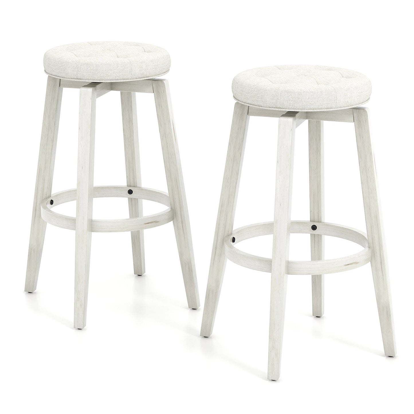 Swivel Upholstered Rubberwood Frame Bar Stool Set of 2 with Footrest-29 inches, White Bar Stools at Gallery Canada