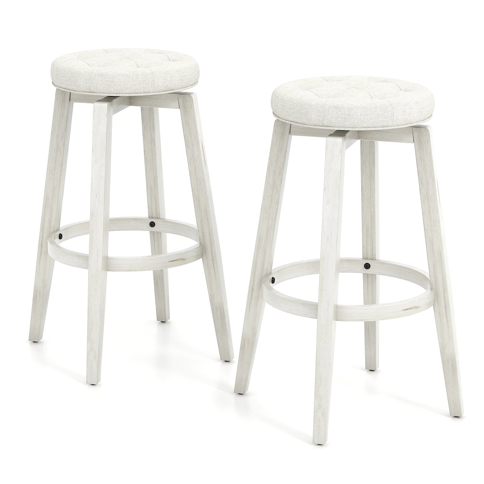 Swivel Upholstered Rubberwood Frame Bar Stool Set of 2 with Footrest-29 inches, White Bar Stools at Gallery Canada