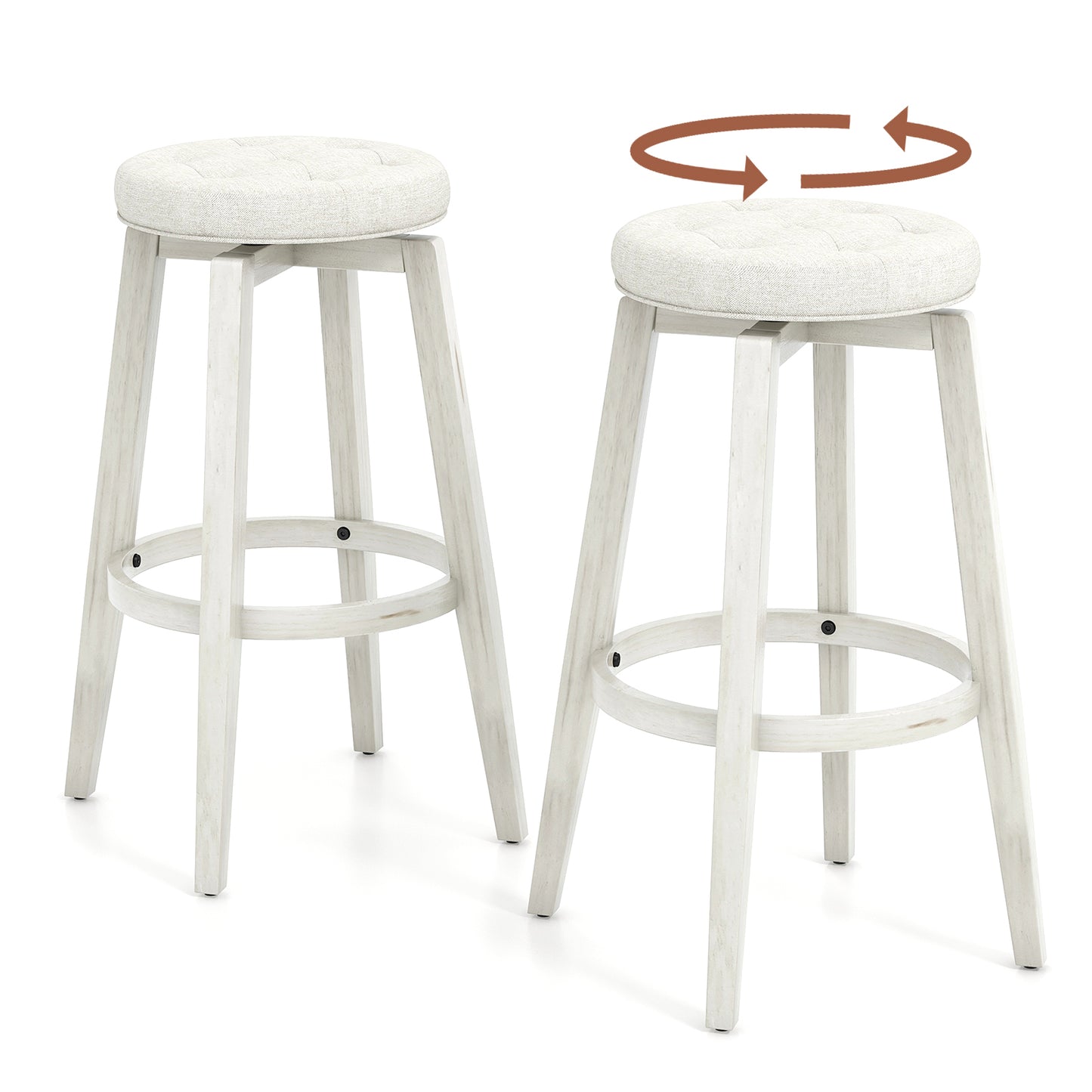 Swivel Upholstered Rubberwood Frame Bar Stool Set of 2 with Footrest-29 inches, White Bar Stools at Gallery Canada