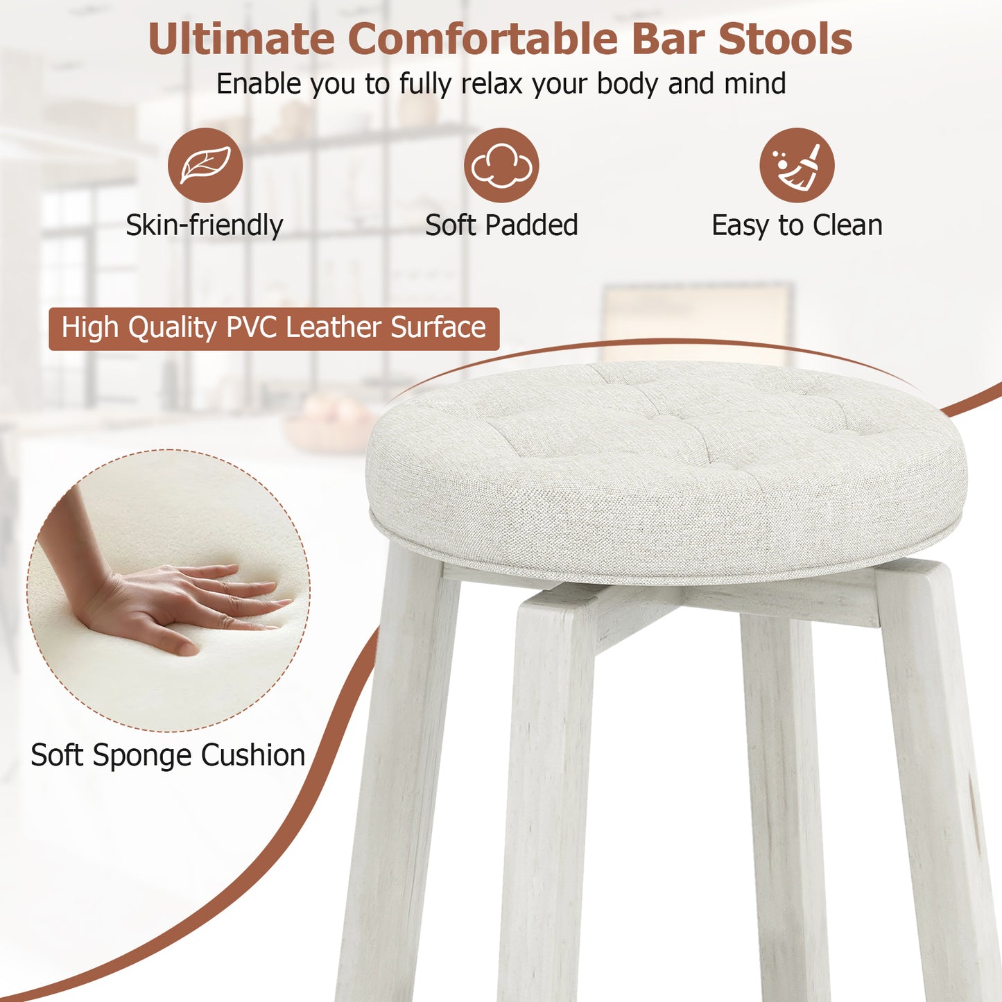 Swivel Upholstered Rubberwood Frame Bar Stool Set of 2 with Footrest-29 inches, White Bar Stools at Gallery Canada