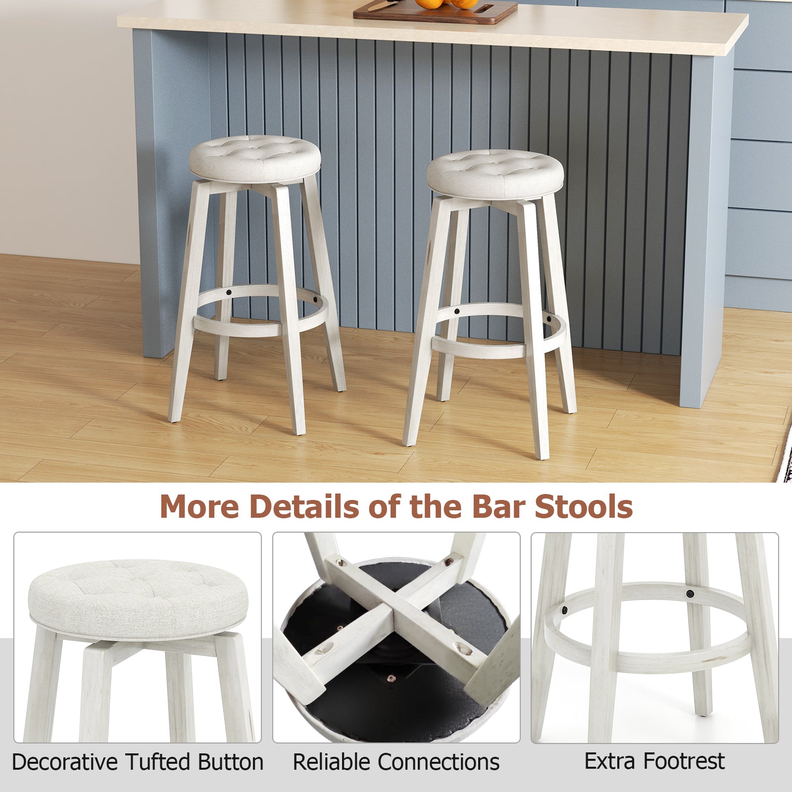 Swivel Upholstered Rubberwood Frame Bar Stool Set of 2 with Footrest-29 inches, White Bar Stools at Gallery Canada