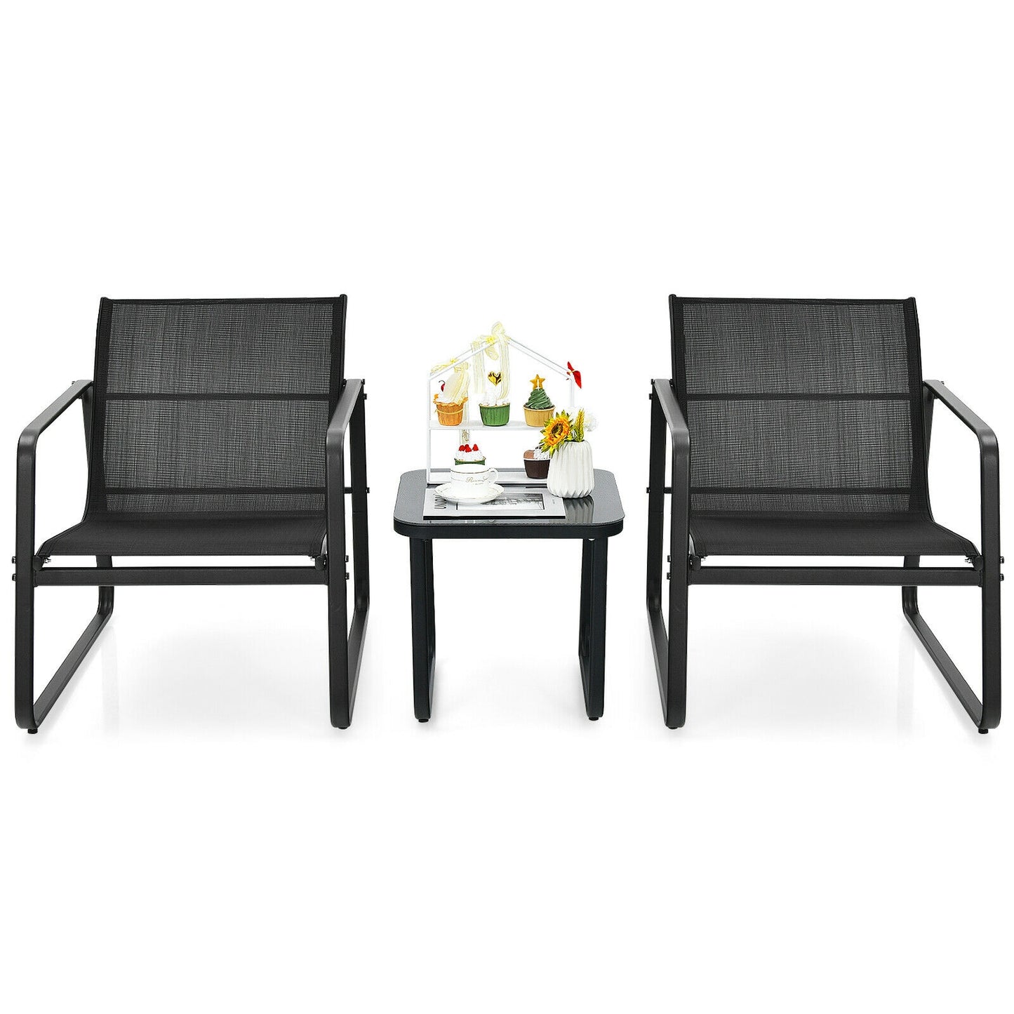 3 Pieces Patio Bistro Furniture Set with Glass Top Table Garden Deck, Black Patio Conversation Sets at Gallery Canada