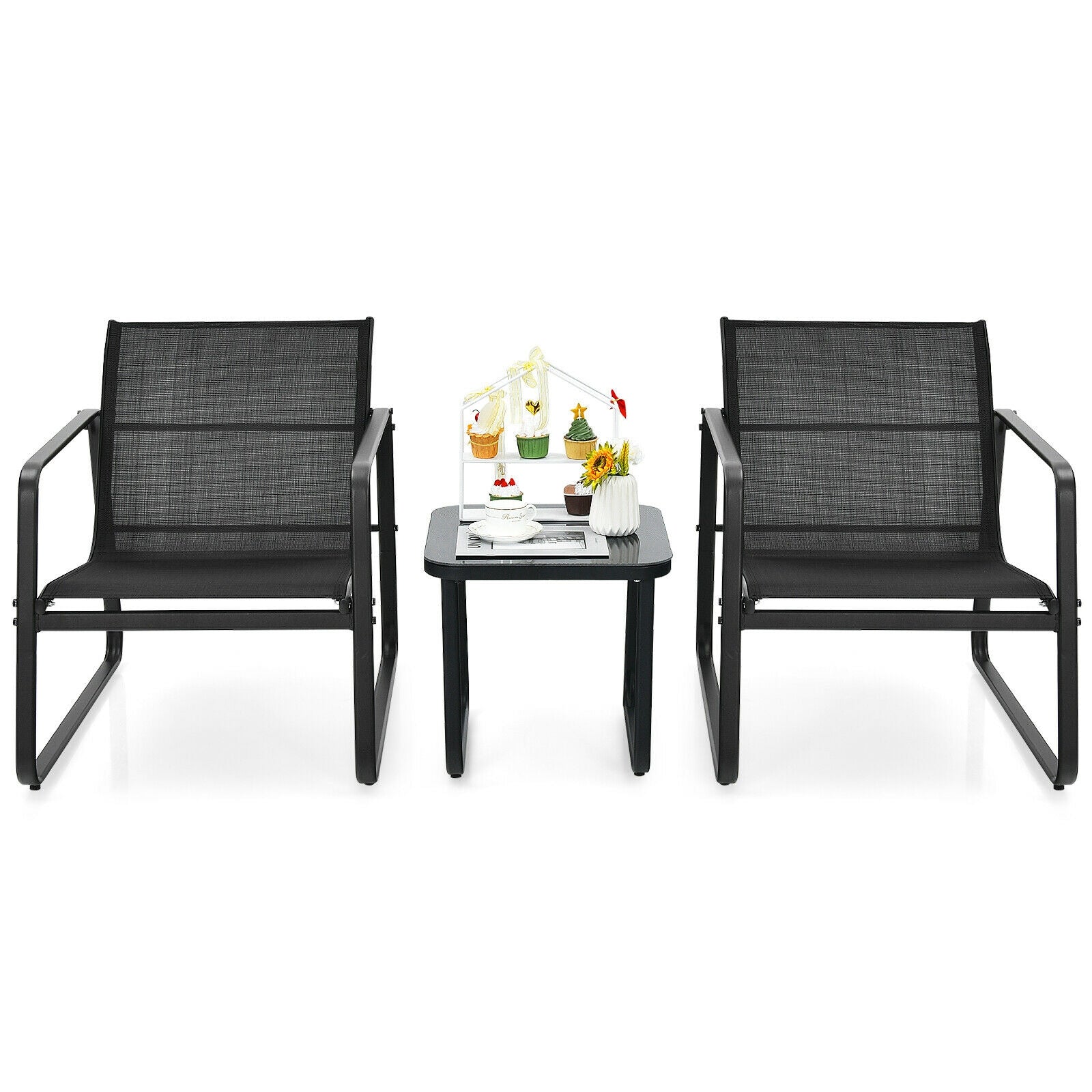 3 Pieces Patio Bistro Furniture Set with Glass Top Table Garden Deck, Black Patio Conversation Sets at Gallery Canada