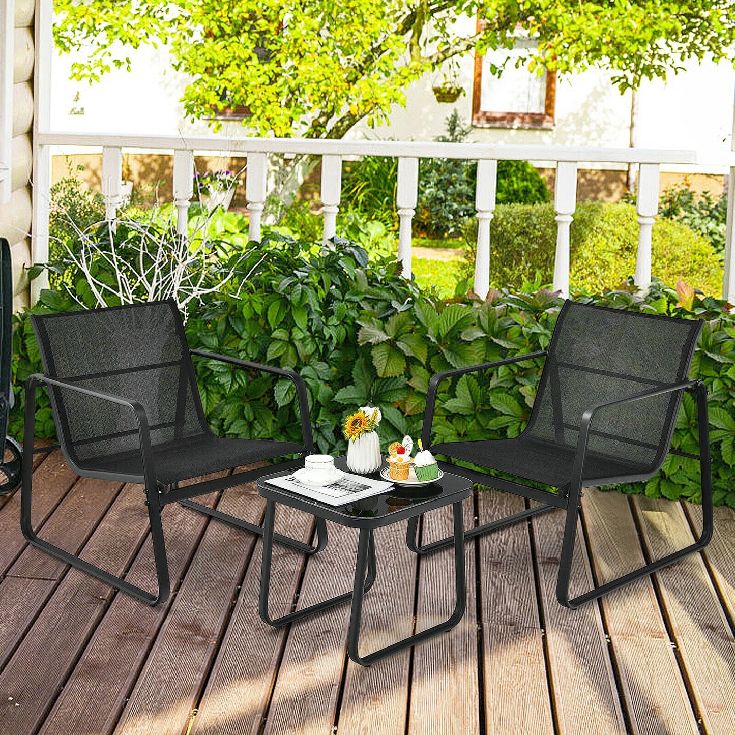 3 Pieces Patio Bistro Furniture Set with Glass Top Table Garden Deck, Black Patio Conversation Sets at Gallery Canada