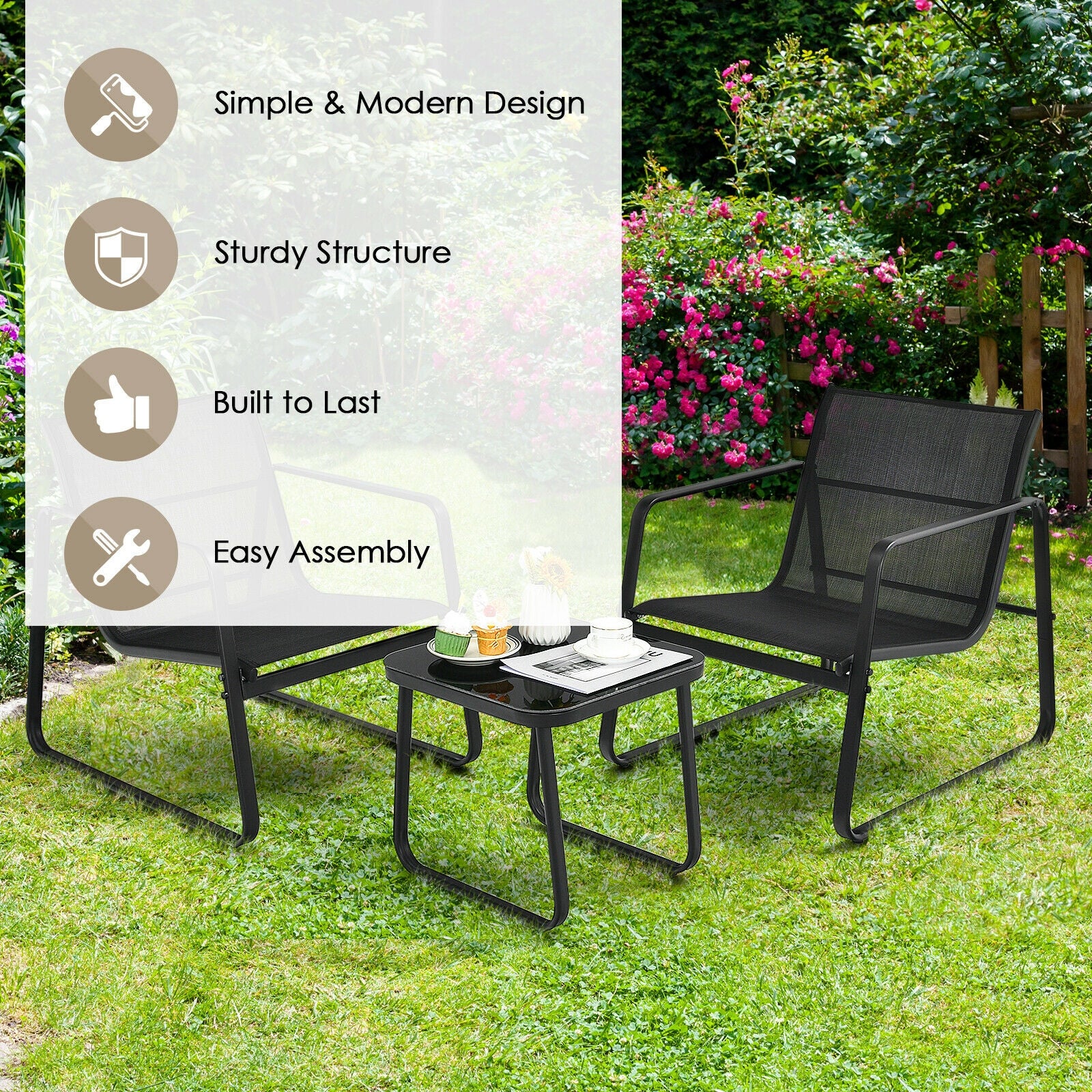 3 Pieces Patio Bistro Furniture Set with Glass Top Table Garden Deck, Black Patio Conversation Sets at Gallery Canada