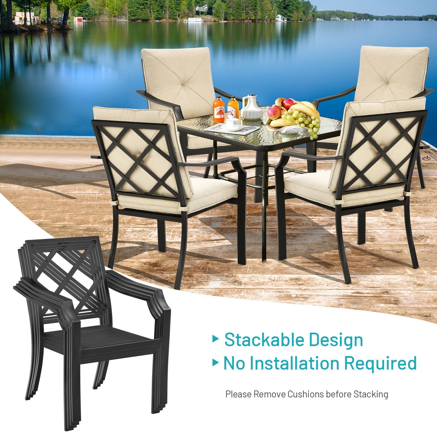 4 Piece Outdoor Dining Set, Rustproof Steel Frame, Removable Cushions, Beige Patio Dining Chairs at Gallery Canada
