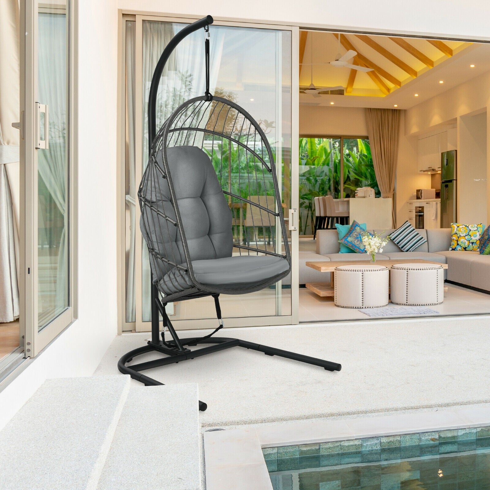 Hanging Wicker Egg Chair With Stand, Gray Outdoor Seating & Patio Chairs at Gallery Canada