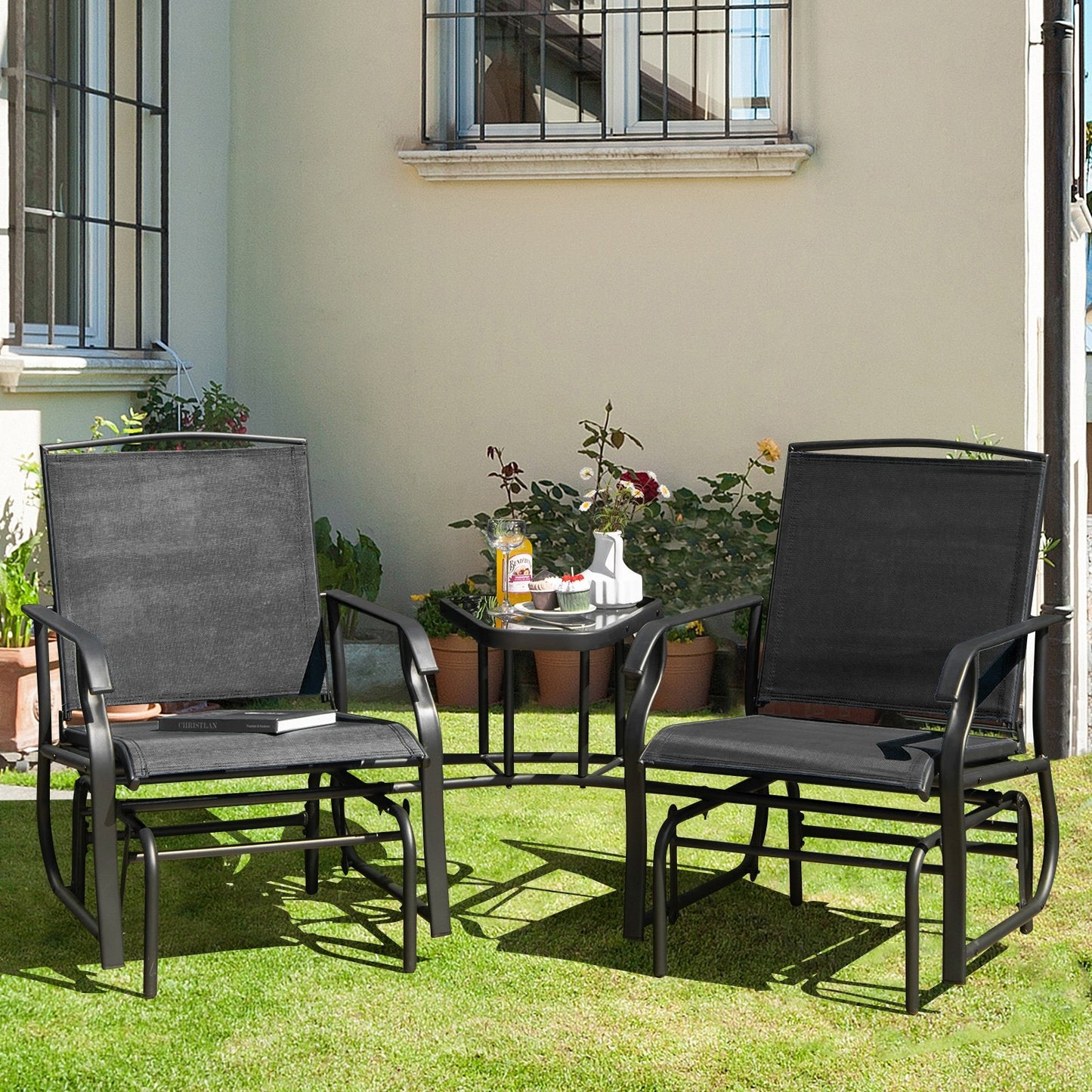 Double Swing Glider Rocker Chair set with Glass Table, Black - Gallery Canada