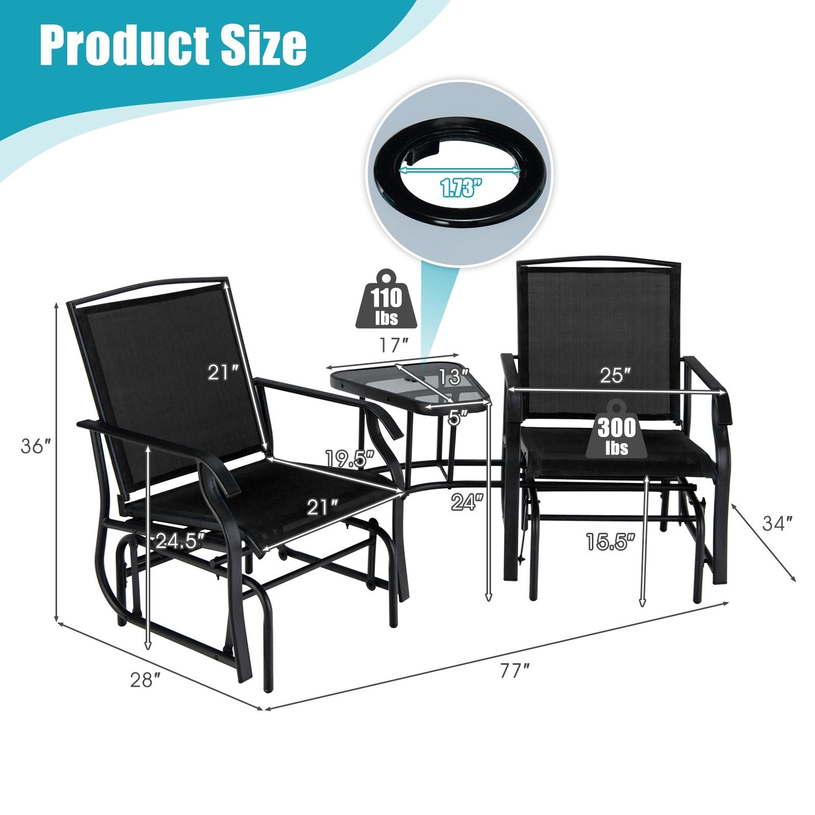 Double Swing Glider Rocker Chair set with Glass Table, Black - Gallery Canada