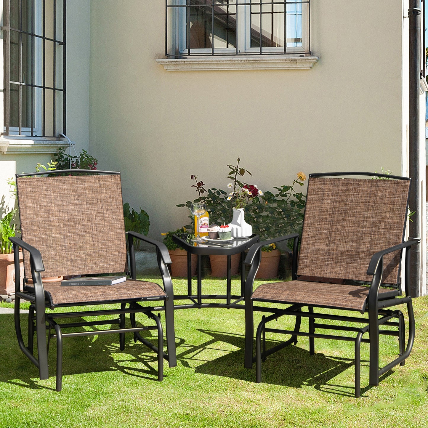 Double Swing Glider Rocker Chair Set, Brown Patio Conversation Sets at Gallery Canada