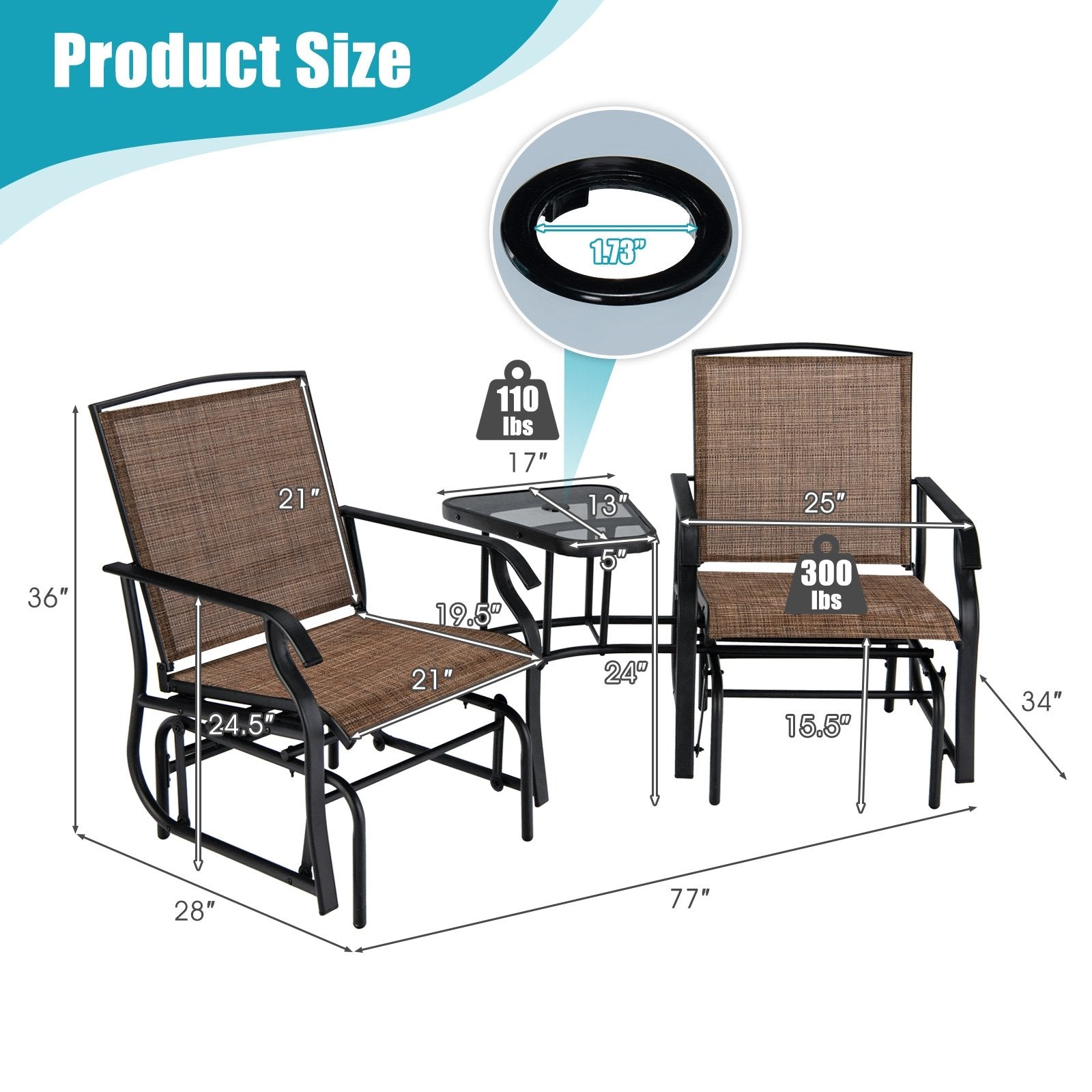 Double Swing Glider Rocker Chair set with Glass Table, Brown - Gallery Canada
