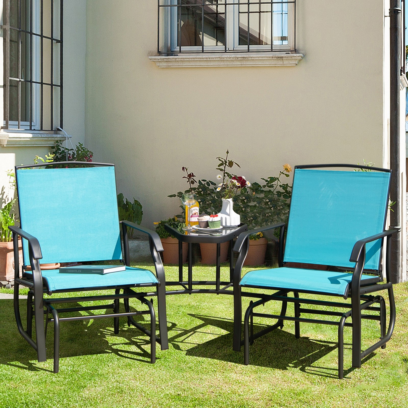 Double Swing Glider Rocker Chair Set, Turquoise Patio Conversation Sets at Gallery Canada