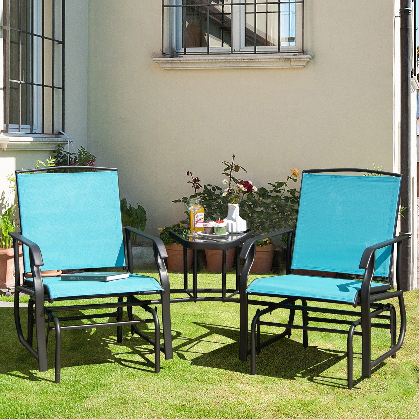 Double Swing Glider Rocker Chair Set, Turquoise Patio Conversation Sets at Gallery Canada