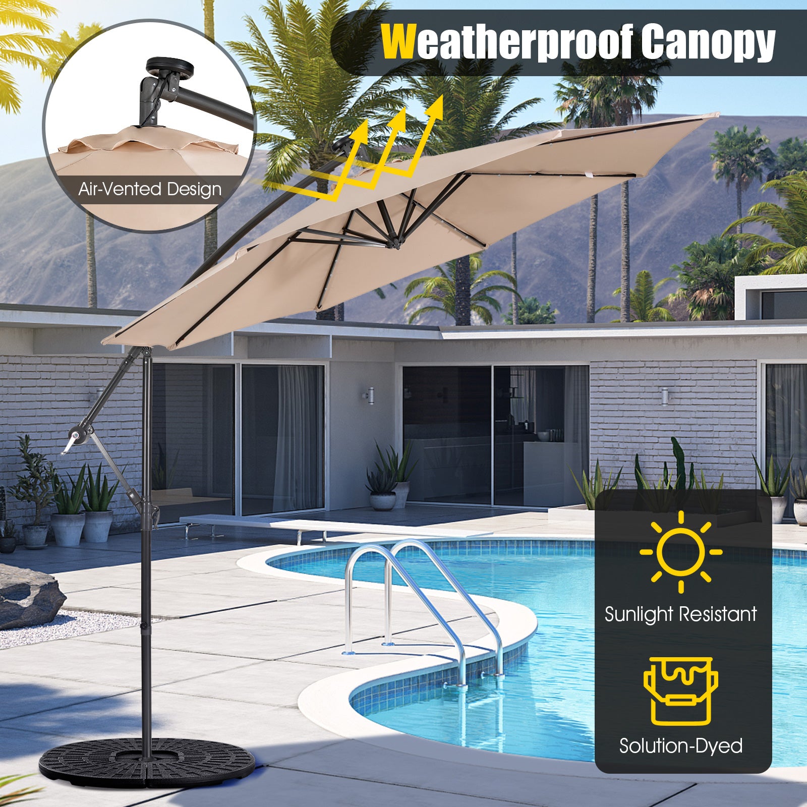 10 Feet Patio Solar Powered Cantilever Umbrella with Tilting System, Beige Outdoor Umbrellas at Gallery Canada