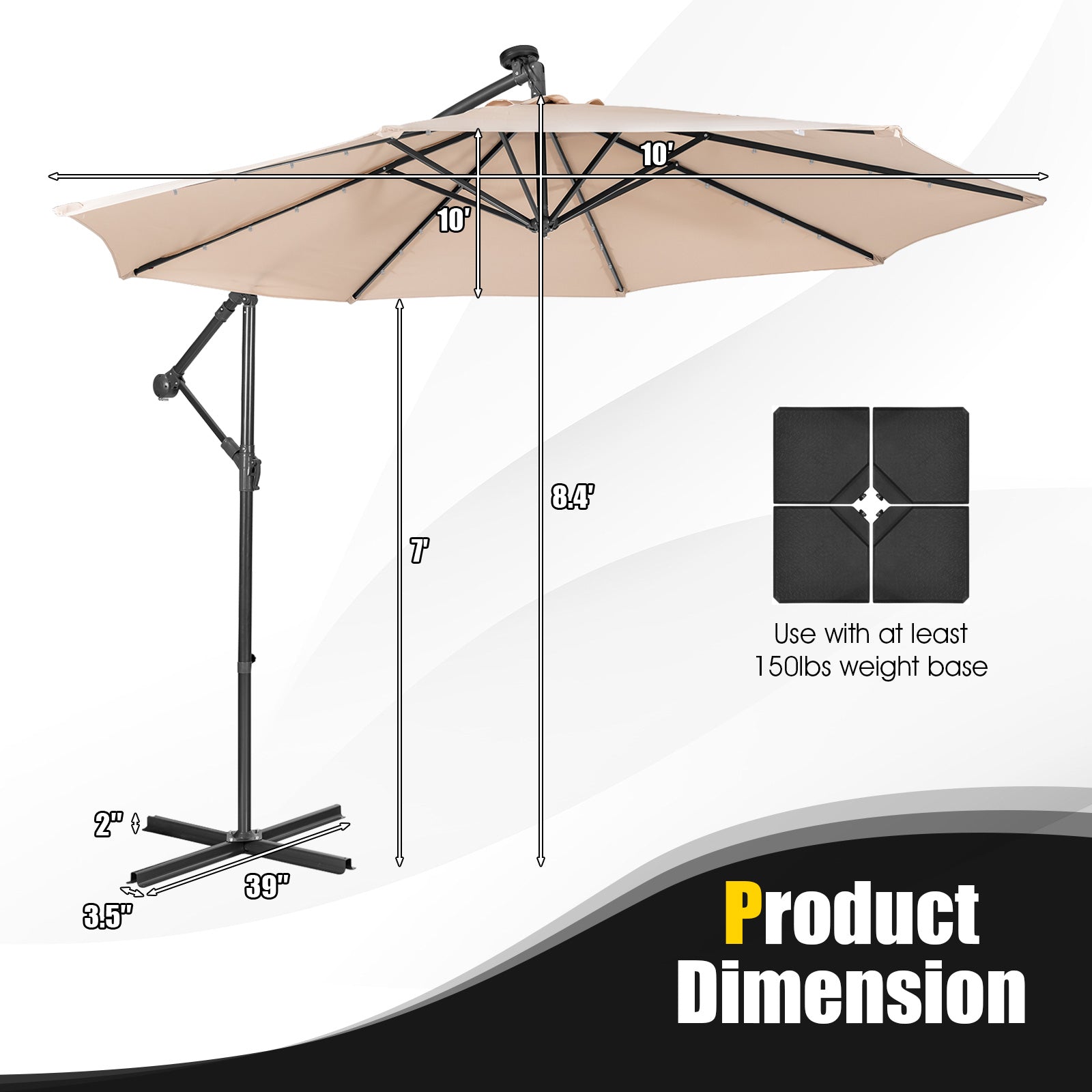 10 Feet Patio Solar Powered Cantilever Umbrella with Tilting System, Beige Outdoor Umbrellas at Gallery Canada