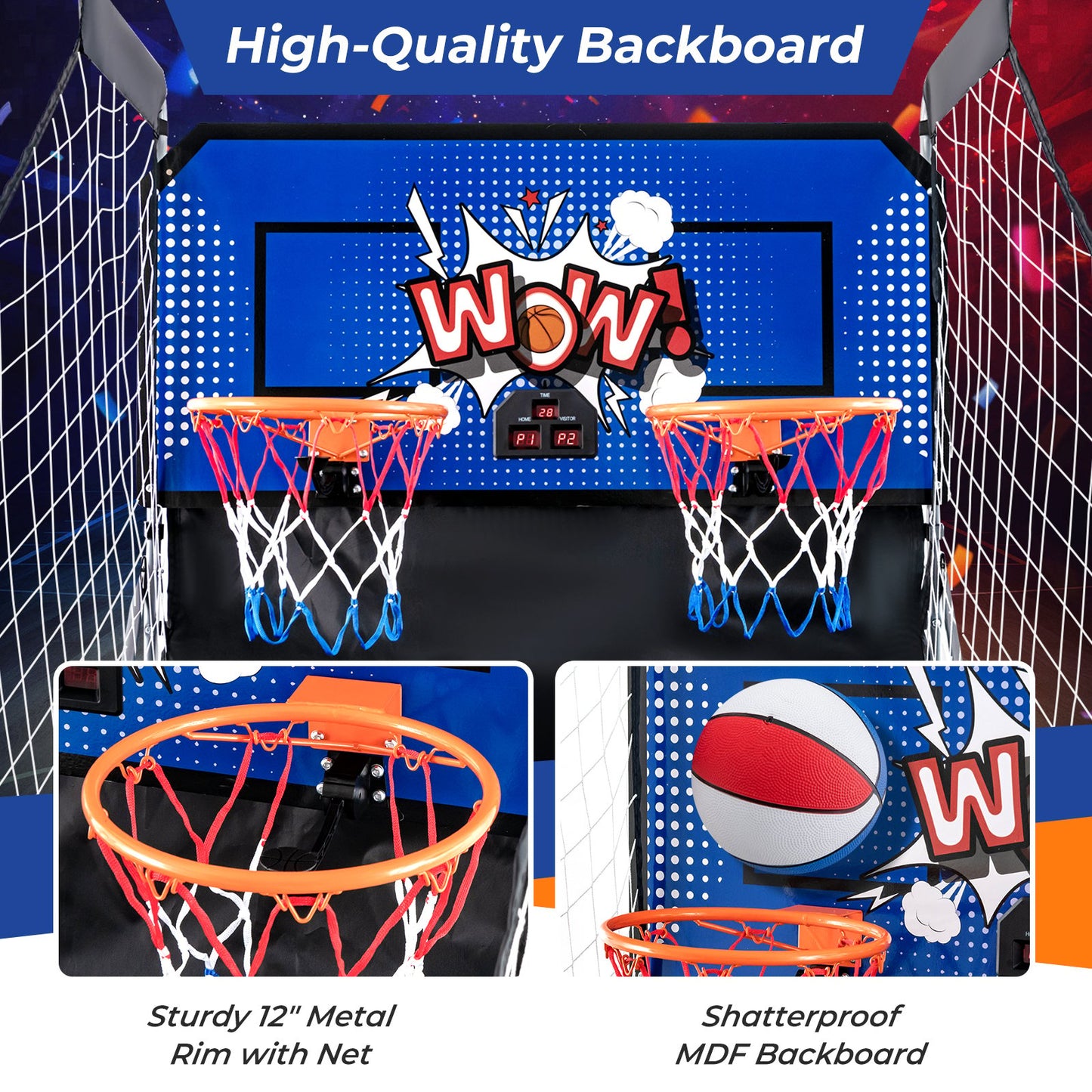 Dual Shot Basketball Arcade Game with 8 Game Modes and 4 Balls, Blue