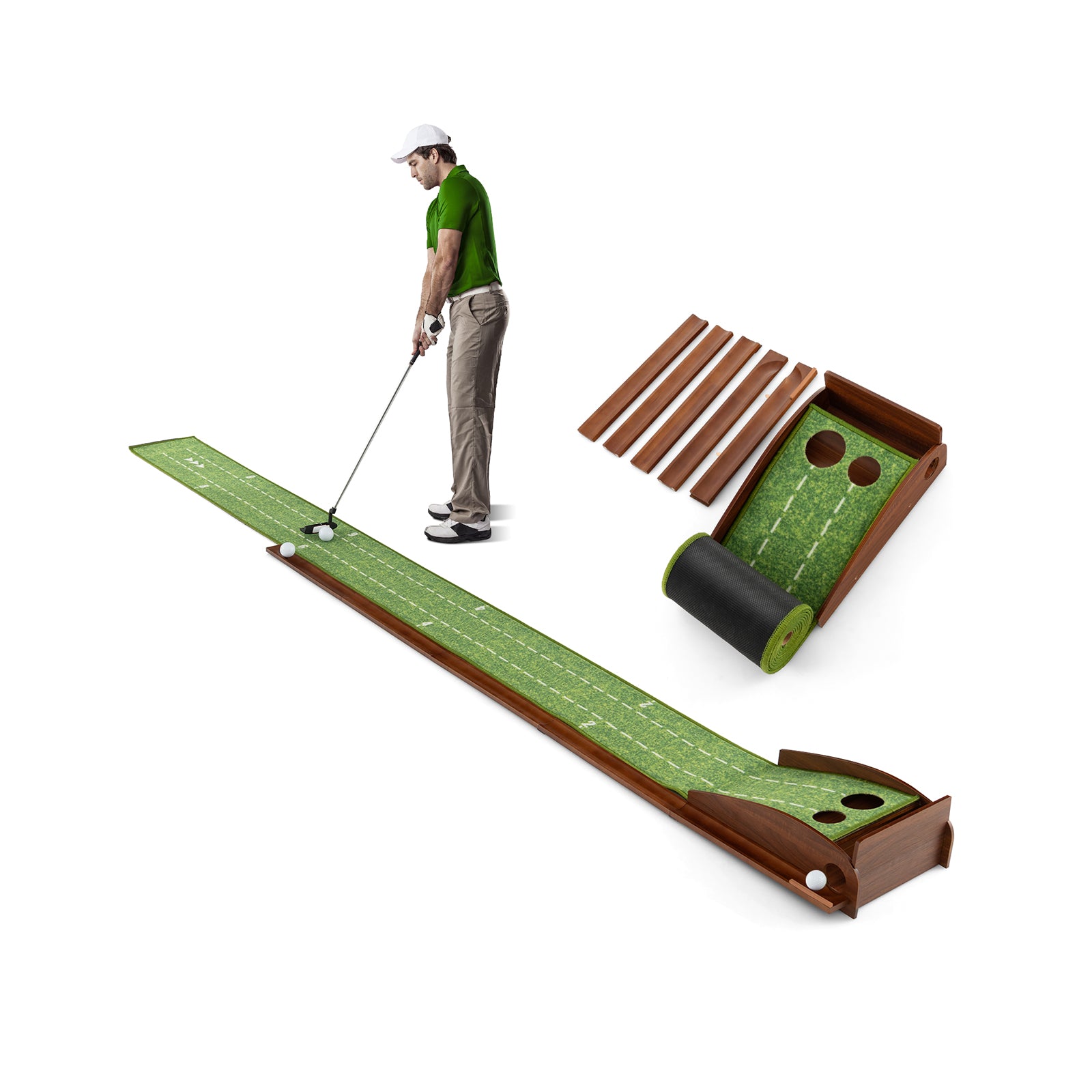 Golf Putting Mat Practice Training Aid with Auto Ball Return and 2 Hole Sizes, Green Golf 2 holes at Gallery Canada