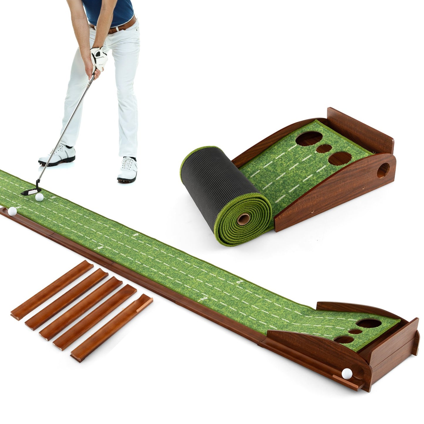 Golf Putting Mat Practice Training Aid with Auto Ball Return and 3 Hole Sizes, Green