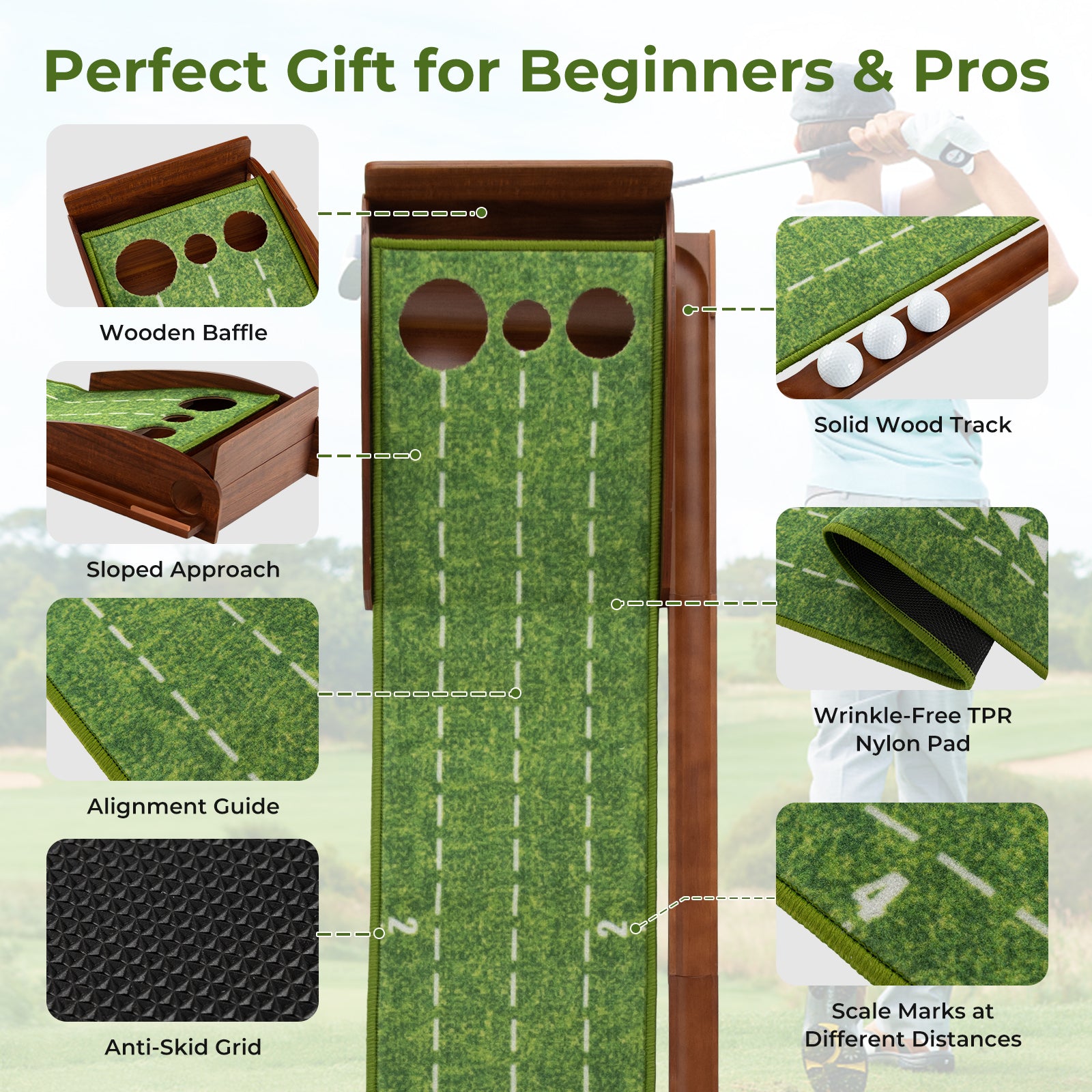 Golf Putting Mat Practice Training Aid with Auto Ball Return and 3 Hole Sizes, Green Golf at Gallery Canada