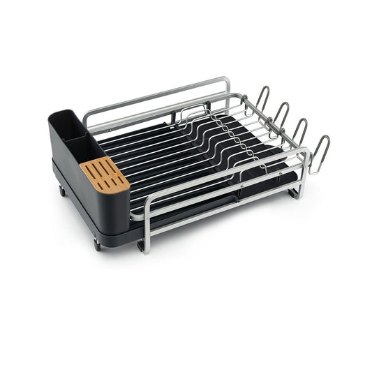 Aluminum Expandable Dish Drying Rack with Drainboard and Rotatable Drainage Spout, Dark Gray