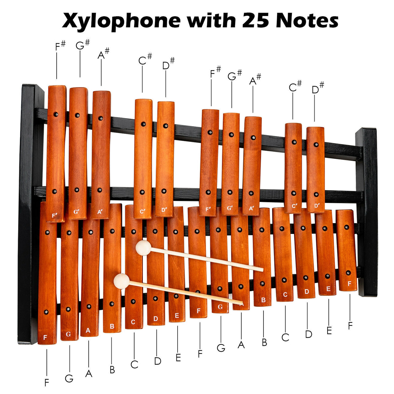 25 Notes Xylophone Wooden Percussion Educational Instrument with 2 Mallets - Gallery View 12 of 12