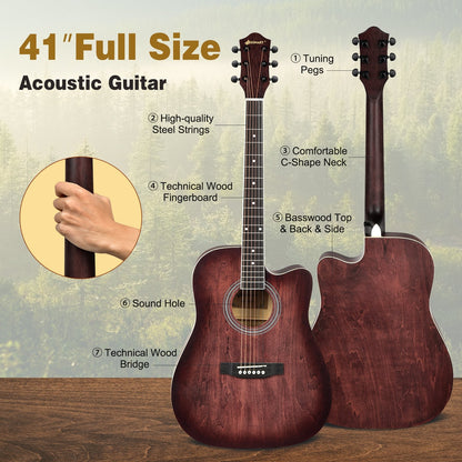 41 Inch Full Size Cutaway Acoustic Guitar Set for Beginner, Red at Gallery Canada